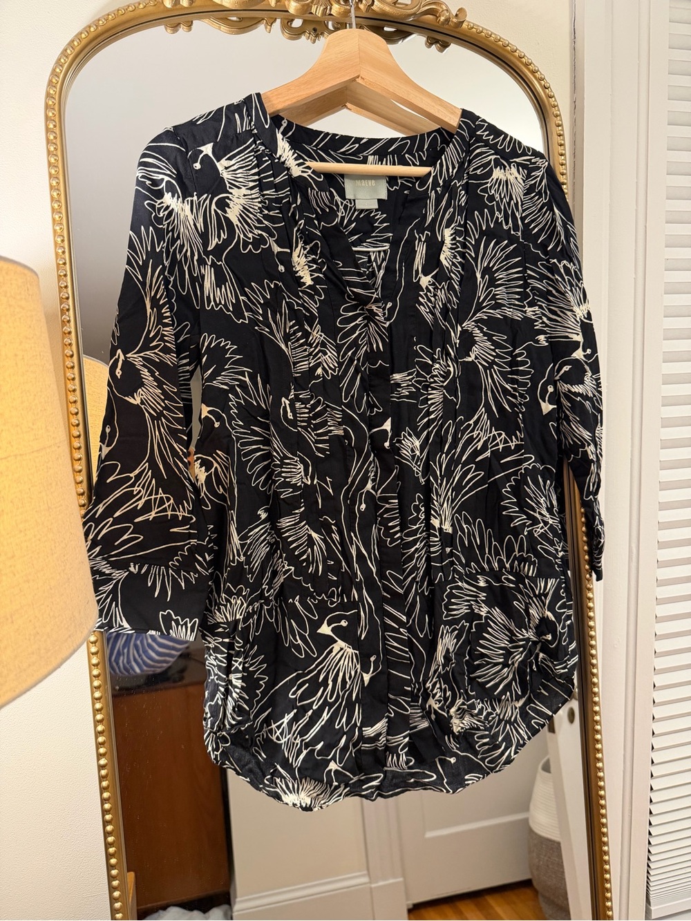Maeve for Anthropologie Black Blouse with White Bird Print
